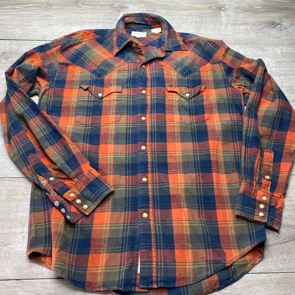 Stetson Shirt Western Mens Medium Orange Blue Plaid Flannel Cotton Snap Front